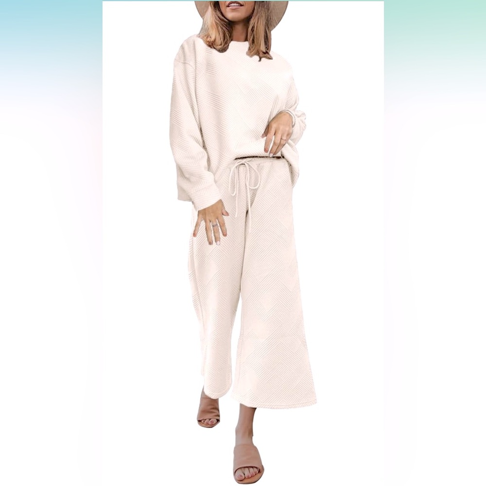 NWT UNCLECAT 2 Piece Outfit Long Sleeve Top & Wide Leg Pants Loungewear, Ivory M